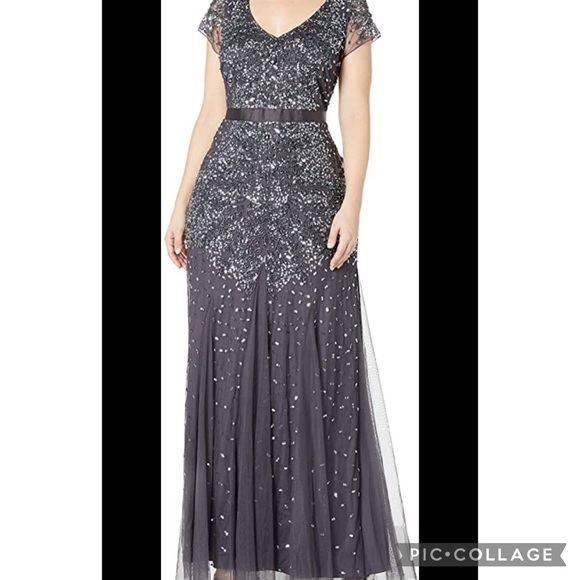 Adrianna papell Gunmetal grey sequin& beaded cap sleeves Long Dress - Picture 15 of 15